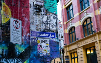 Hosier Lane graffiti and street signs in Melbourne's laneways.