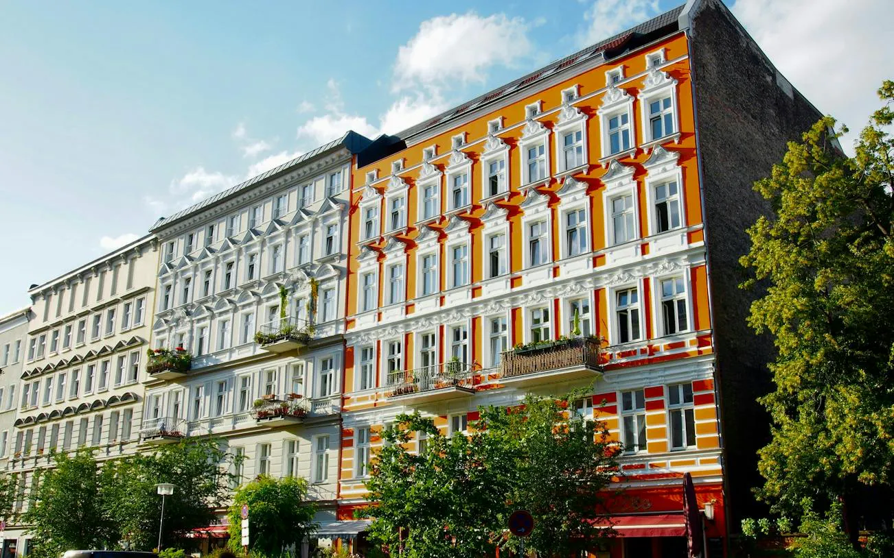 Colorful historic buildings in Kreuzberg, Berlin, along the self-guided audio walk route.