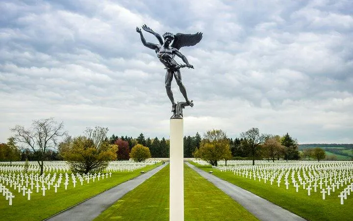 Memorial statue at American Cemetery, Battle of the Bulge 80th Anniversary Tour, near Bastogne.