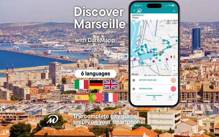 Marseille cityscape with mobile app interface for self-guided walking tour.