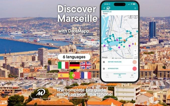 Marseille cityscape with mobile app interface for self-guided walking tour.