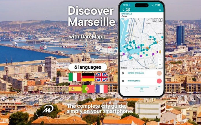 Marseille cityscape with mobile app interface for self-guided walking tour.