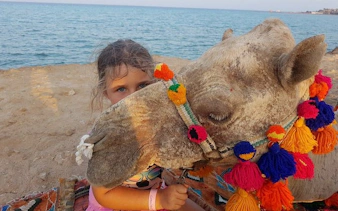 Child sitting beside a decorated camel by the sea in Sharm El Sheikh.