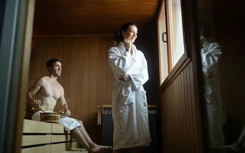 Couple enjoying sauna experience in Hurghada spa.