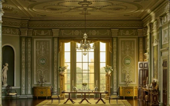Elegant interior room at the Art Institute of Chicago with ornate decor and large windows.