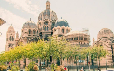 Marseille Cathedral with trees in foreground on self-guided walking tour.