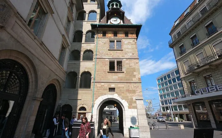 Clock tower in Geneva city center, part of the self-guided exploration game on virus epidemic history.