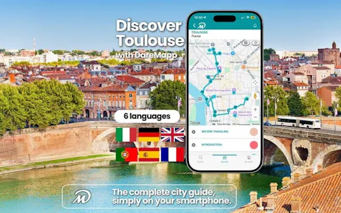 Toulouse cityscape with mobile app map for self-guided walking tour.