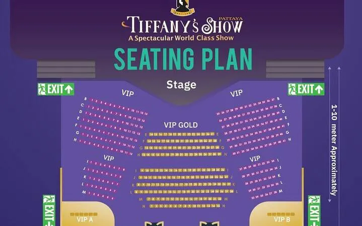 Seating plan for Tiffany's Cabaret Show in Pattaya, highlighting VIP and VIP Gold sections.