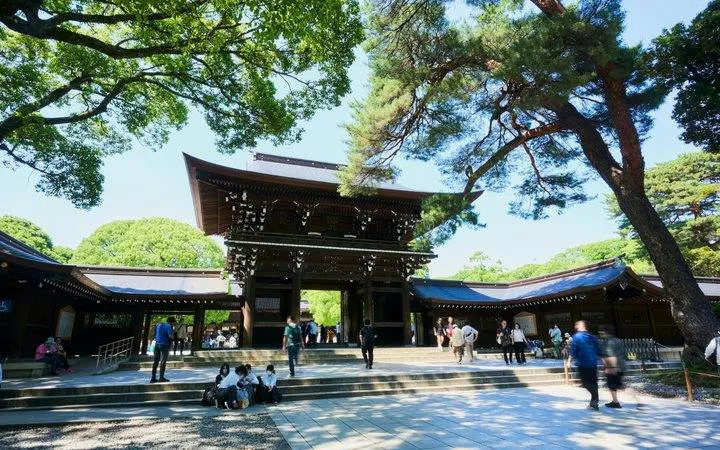 Meiji Shrine entrance with visitors, Tokyo, on a guided tour.