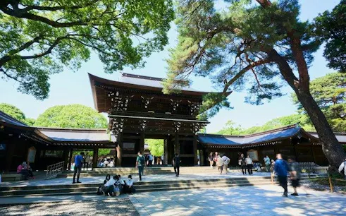 Meiji Shrine entrance with visitors, Tokyo, on a guided tour.