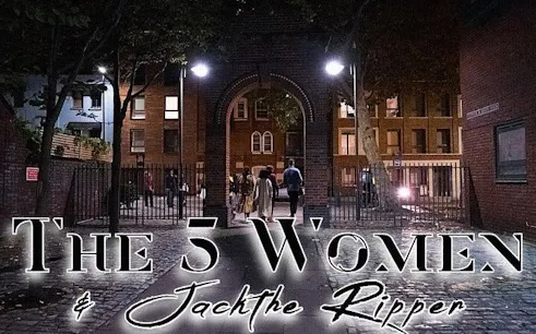 Walking tour group in London exploring Jack the Ripper sites at night.