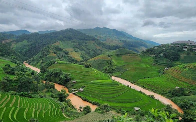 Terraced rice fields and river in Mu Cang Chai, Vietnam, with mountains in the background.