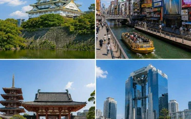 Osaka Castle, Dotonbori canal cruise, Shitennoji Temple, and Umeda Sky Building in Osaka.