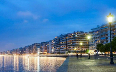 Thessaloniki waterfront promenade at dusk during self-guided walking tour.