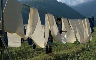 Cloth drying on a line during an indigo dyeing workshop in Ta Van Village, Sa Pa.