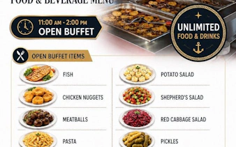 Open buffet menu with fish, chicken nuggets, meatballs, pasta, potato salad, shepherd's salad, red cabbage salad, and pickles.