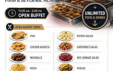 Open buffet menu with fish, chicken nuggets, meatballs, pasta, potato salad, shepherd's salad, red cabbage salad, and pickles.