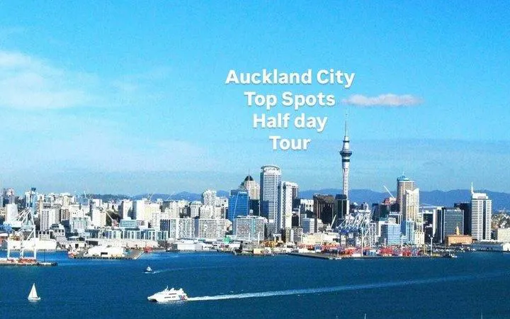 Auckland skyline with Sky Tower and harbor, featured in a small group half-day tour.