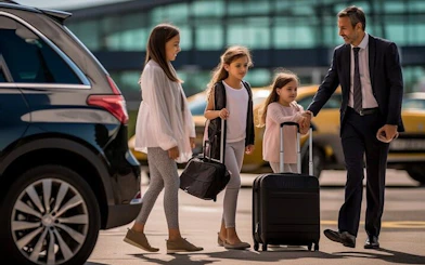 Family with luggage preparing for private transfer to Casablanca Airport from Marrakech.