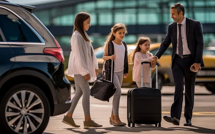 Family with luggage preparing for private transfer to Casablanca Airport from Marrakech.