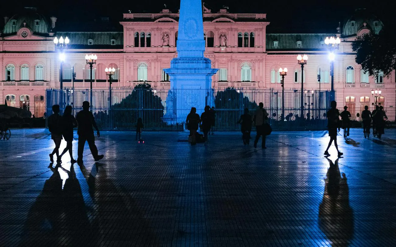 Plaza de Mayo at night with Casa Rosada illuminated, Buenos Aires.