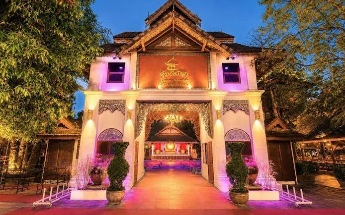 Khum Khantoke entrance lit up for Chiang Mai's Lanna Cultural Show and Khantoke Dinner.