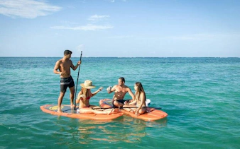 Group enjoying paddleboarding and drinks on a catamaran cruise in Punta Cana's natural reserve.