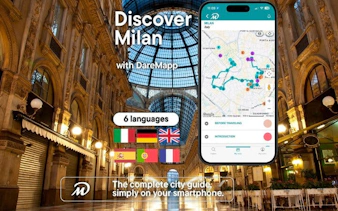 Milan walking tour app interface displayed in Galleria Vittorio Emanuele II.