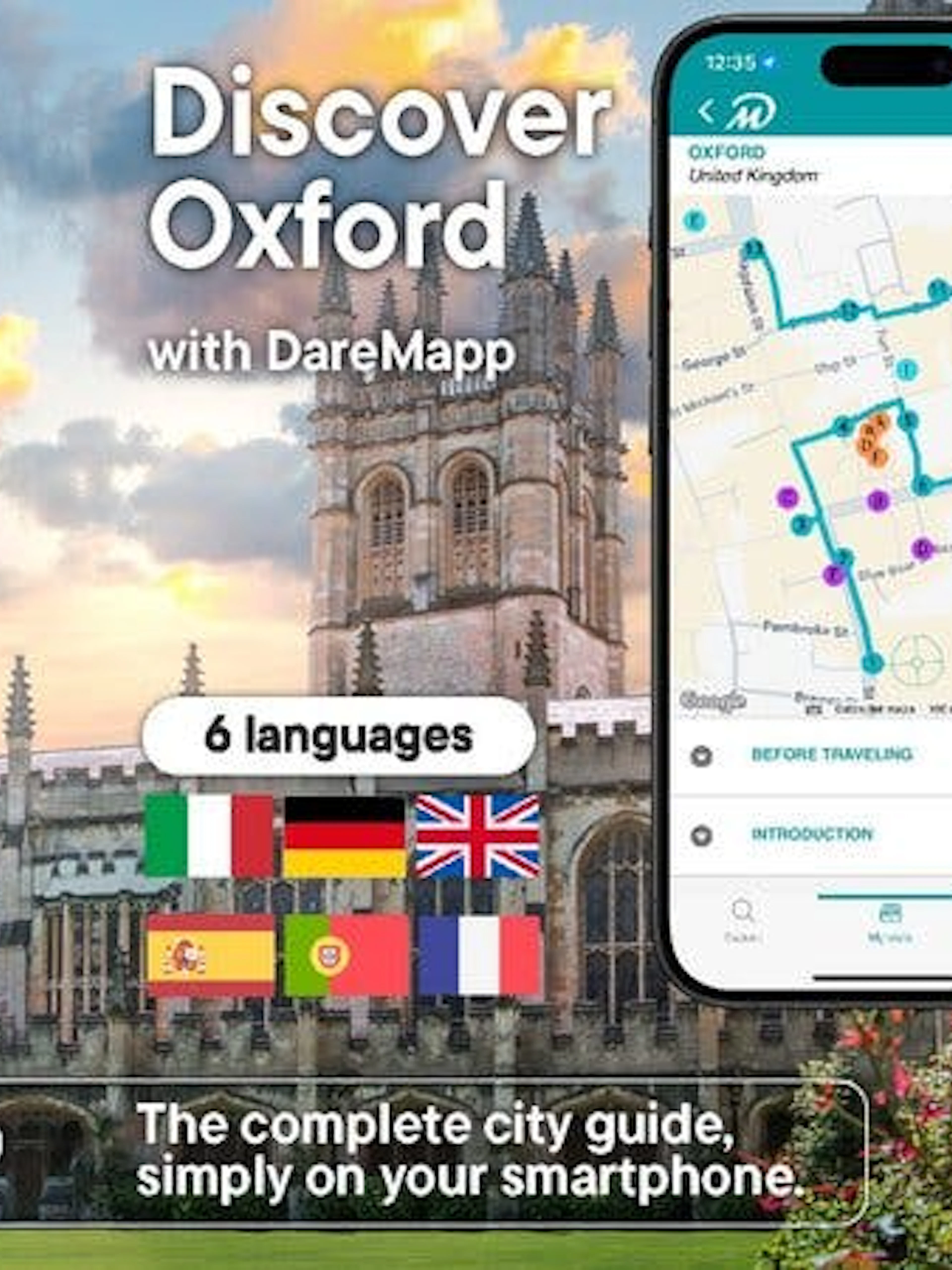 Oxford walking tour app interface with map, languages, and city guide.