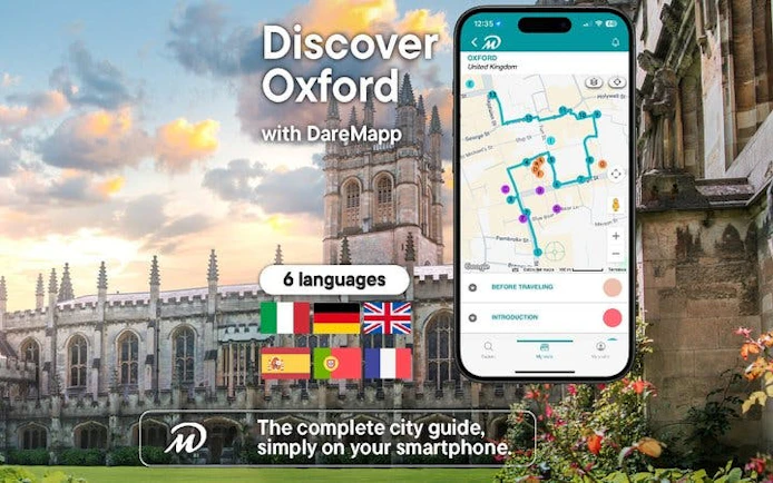 Oxford walking tour app interface with map, languages, and city guide.