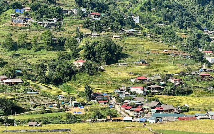 Sapa terraced rice fields and village view, Ta Van homestay area, Vietnam.