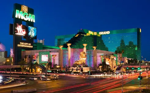MGM Grand Hotel illuminated at night on the Las Vegas Strip.