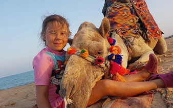 Child sitting with decorated camel on sandy beach, Sharm El Sheikh.