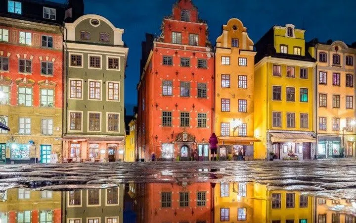 Colorful historic buildings in Stockholm's Gamla Stan during a self-guided walking tour.