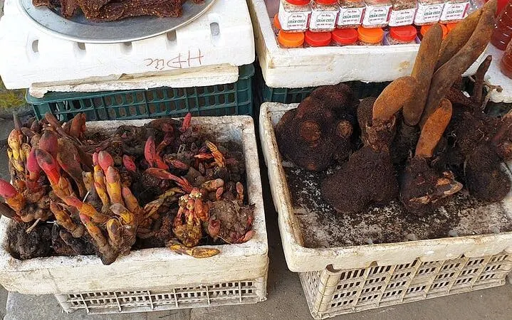 Local spices and roots displayed at a market stall in Sapa during a guided culinary tour.