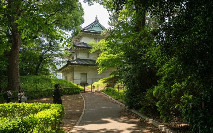 Tokyo Imperial Palace path with tourists and traditional architecture.
