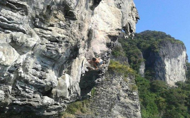 Rock climber scaling limestone cliffs at Railay Beach, Krabi, surrounded by lush greenery.