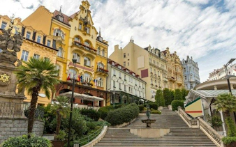 Karlovy Vary historic buildings and staircase on self-guided walking tour, Prague.
