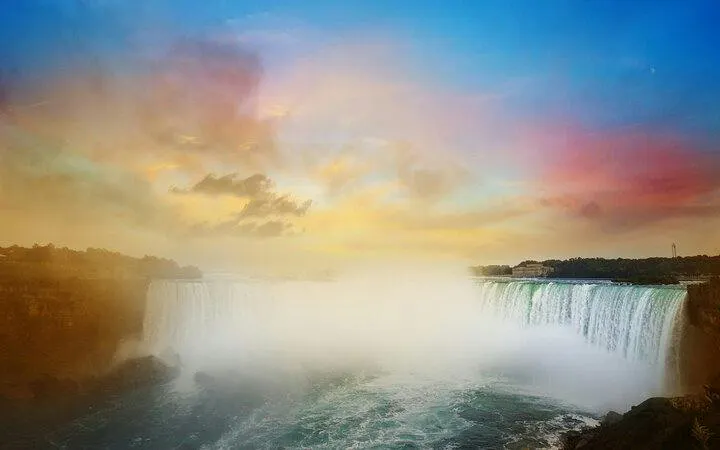 Niagara Falls at sunset during Winter Festival of Lights, Niagara Falls, Canada.