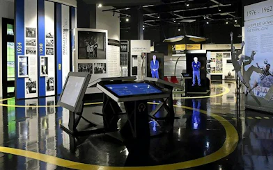Juventus Museum exhibit with interactive displays and historical panels, Turin.