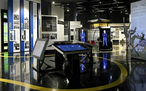 Juventus Museum exhibit with interactive displays and historical panels, Turin.
