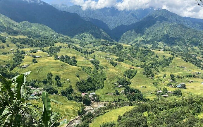 Sapa valley with terraced rice fields and mountains, Vietnam.