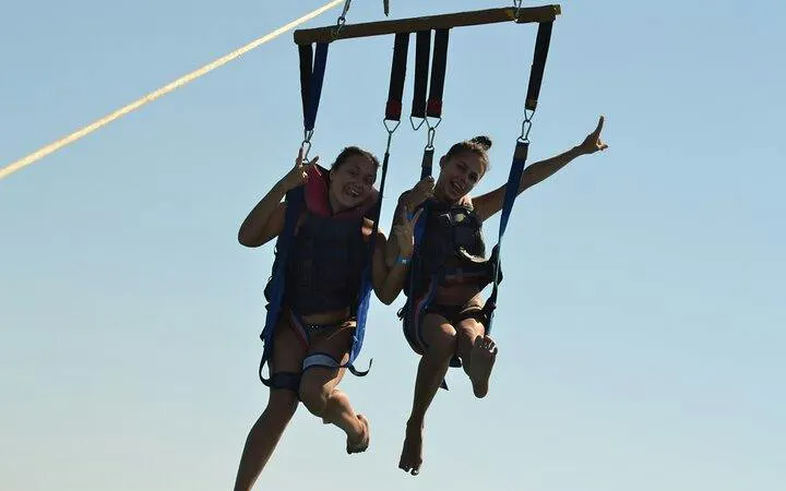 Parasailing over the sea from the marina in Hurghada.