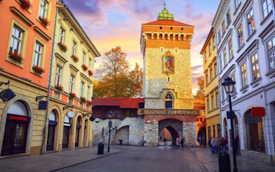 Krakow's St. Florian's Gate on a self-guided walking tour route.