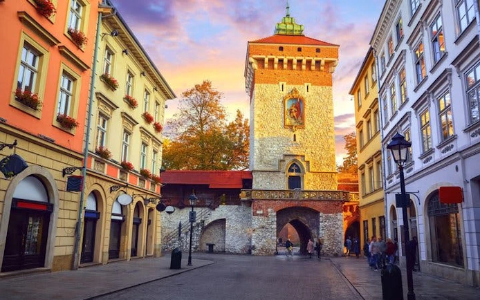 Krakow's St. Florian's Gate on a self-guided walking tour route.