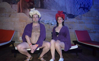 Couple relaxing in a Turkish bath with towels, Sharm El Sheikh.