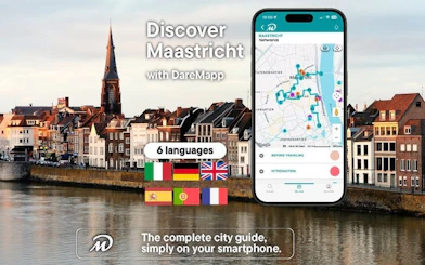 Maastricht cityscape with mobile app map for self-guided walking tour.