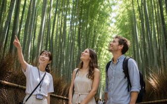 Tourists with a guide in Arashiyama Bamboo Forest, Kyoto, during a private morning tour.