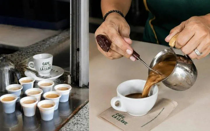 Cuban coffee being poured at a café on Calle Ocho during Little Havana tour, Miami.